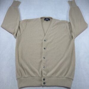 Vintage Steeplechase Sweater Mens Large Beige Cardigan V Neck Orlon USA Knit 70s